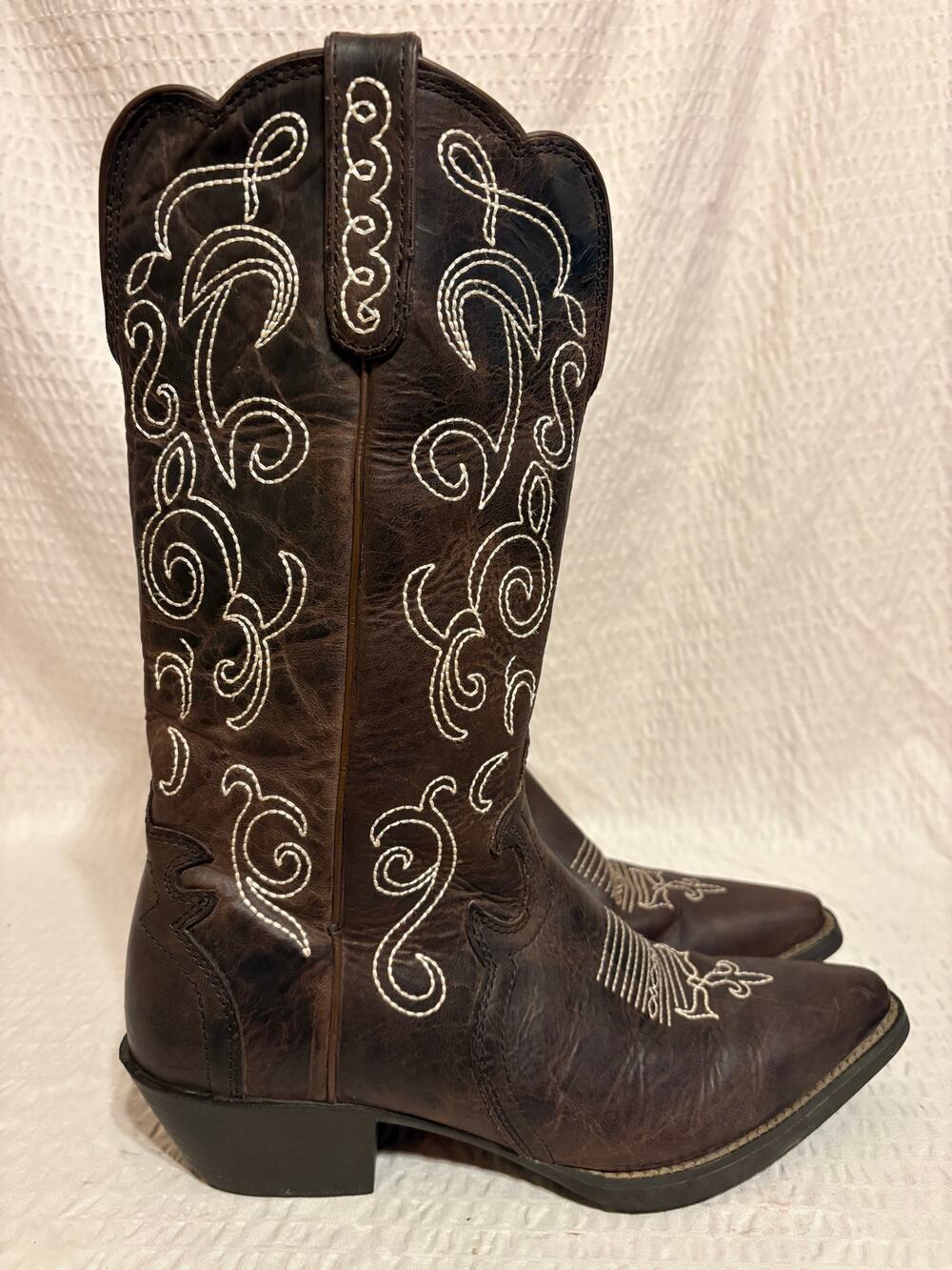 Justin Western Cowgirl Brown Leather White Embroidered Womens Boots Size 7.5 EUC
